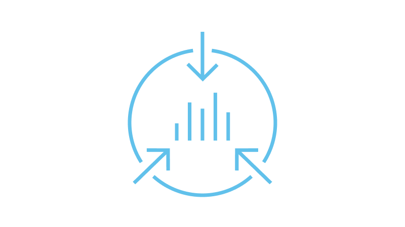 Icon showing arrows converging into a central circle with bars, representing native ITSM data integration.