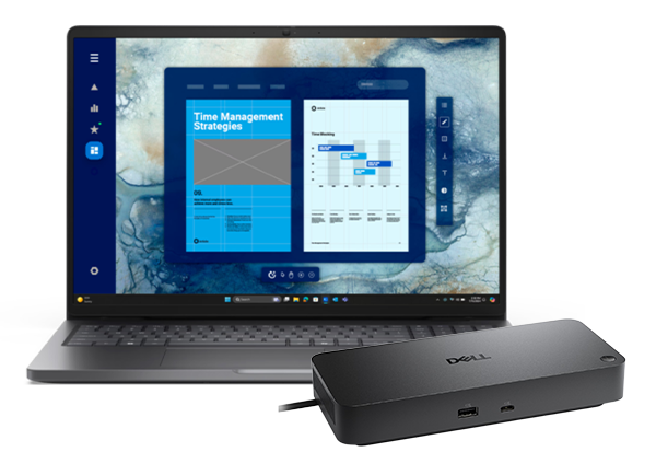 Dell laptop displaying time management app with timeline and document, paired with a compact Dell docking station.