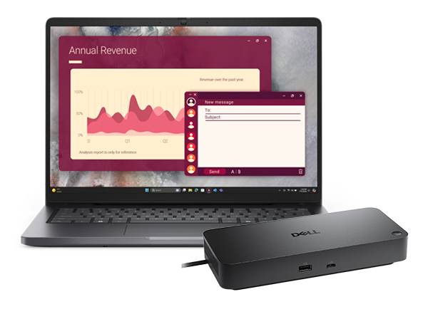 Dell laptop showing annual revenue chart and message window, with Dell docking station in foreground.
