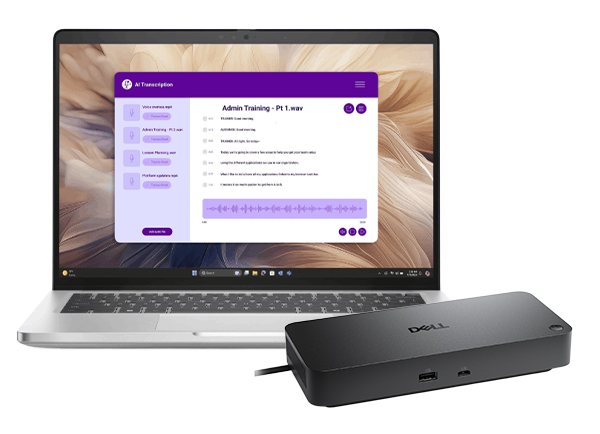 Dell laptop displaying AI transcription interface with audio waveform and notes, alongside Dell docking station.