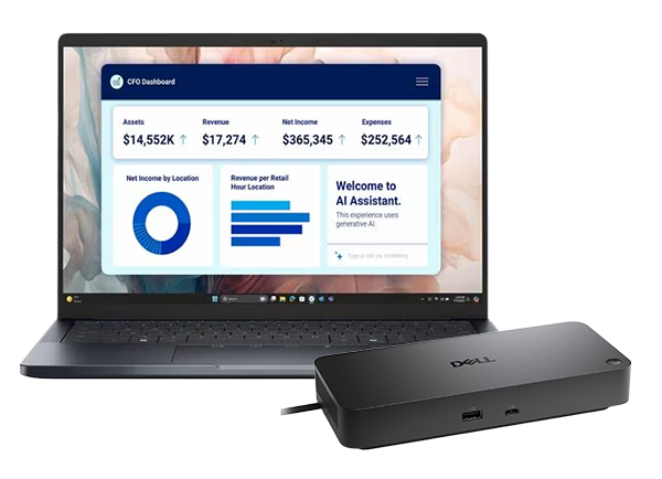Dell laptop showing CFO dashboard with charts and metrics, paired with Dell docking station in foreground.