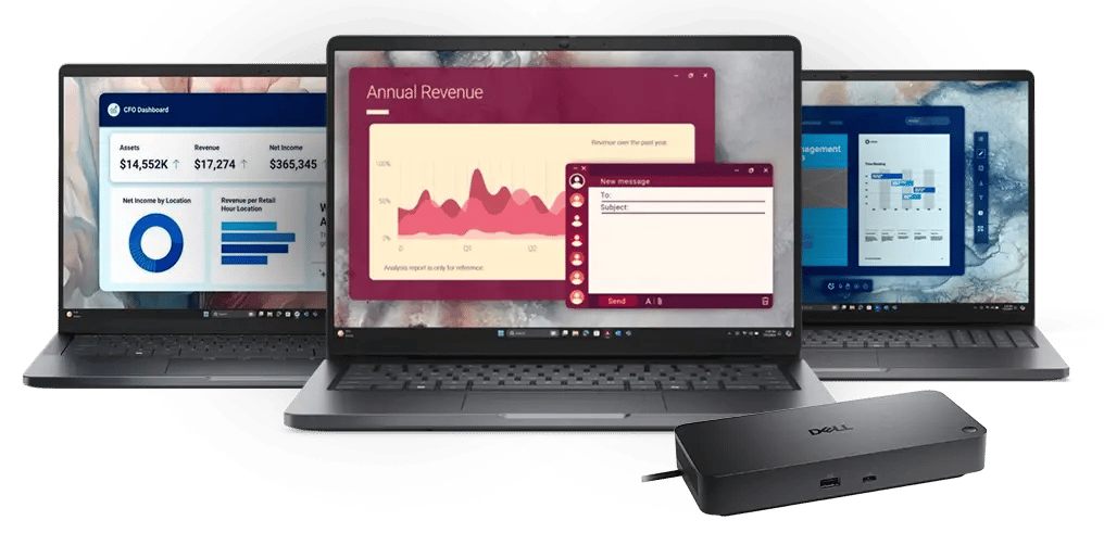 Dell multi‑laptop setup showing dashboards, charts and productivity apps, paired with a Dell docking station in foreground.