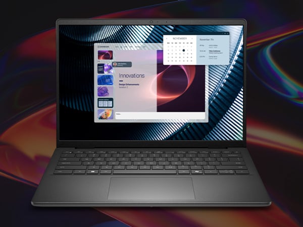 Laptop displaying a design dashboard and calendar widget over an abstract colorful background