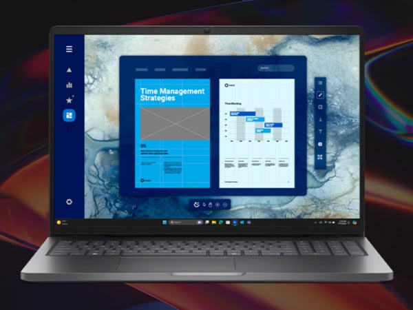 Laptop displaying a time management layout with charts and editing tools on a blue interface