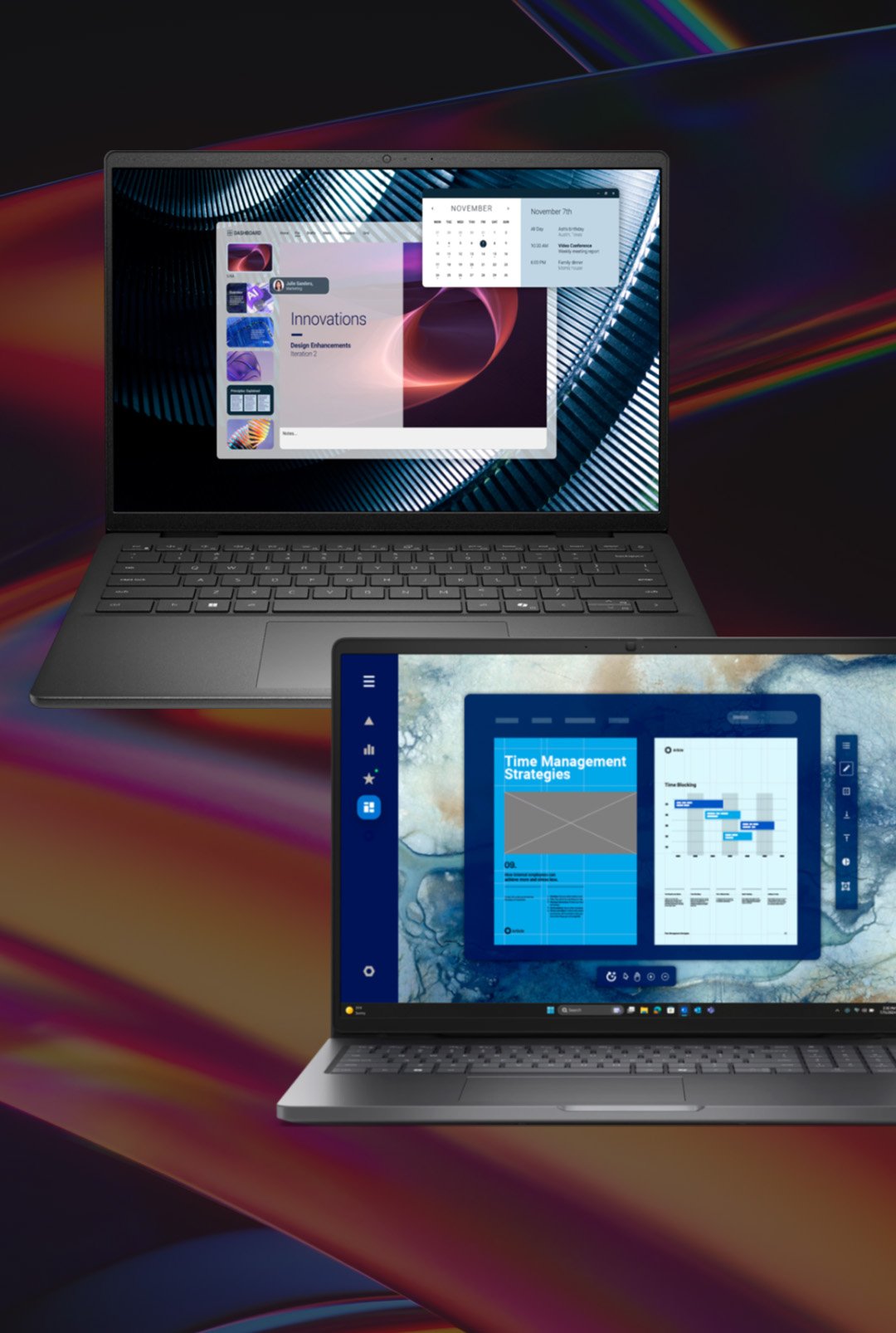 Two laptops displaying design and time management interfaces against a vibrant abstract backdrop
