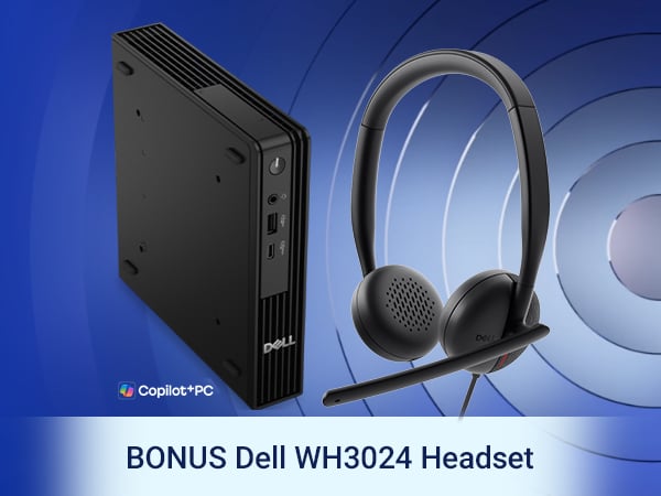 Dell Copilot+ PC desktop and wired headset on a blue abstract background.