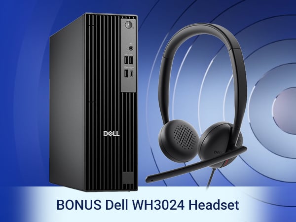 Dell tower desktop and wired headset on a blue abstract background.