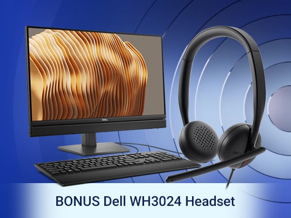 Dell monitor, keyboard, and headset on a blue abstract background.