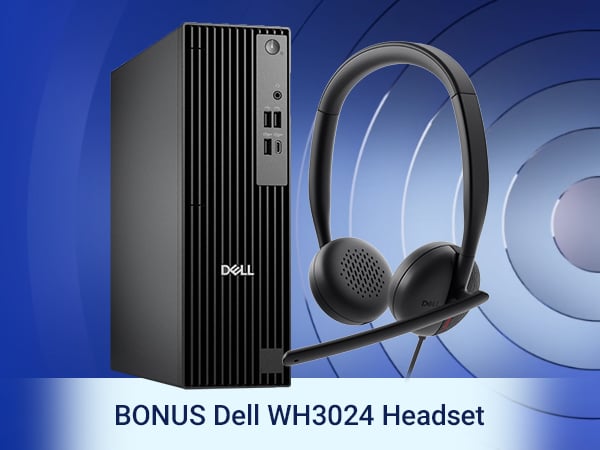 Dell desktop and wired headset on a blue abstract background.
