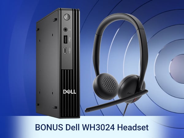 Dell OptiPlex desktop and wired headset on a blue abstract background.