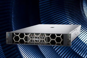 Dell rack‑mounted server with a hexagonal front grille, shown against a dark blue, abstract technology background.