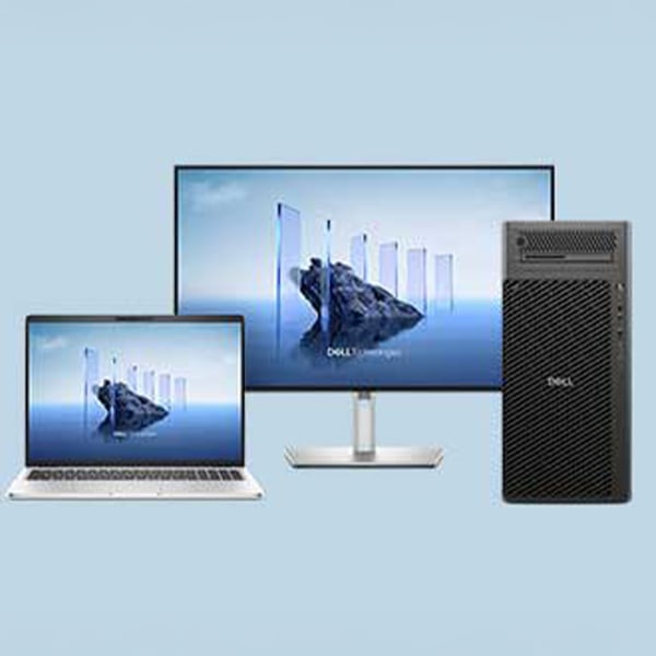 Dell laptop, external monitor, and desktop tower displayed together on a light blue background, showing a coordinated workstation setup.