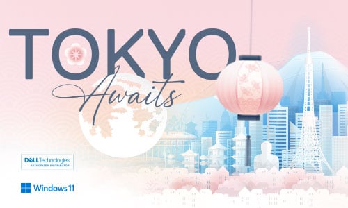 Promotional image reading ‘Tokyo Awaits’ with a stylised Tokyo city skyline in the background.