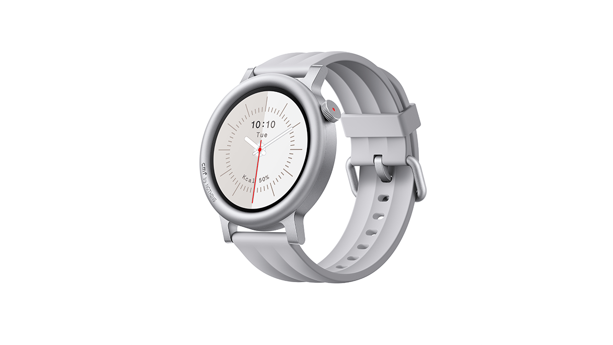 A sleek, modern smartwatch with a white strap and round face displays the time 10:10. The minimalist design conveys a sense of elegance and simplicity.