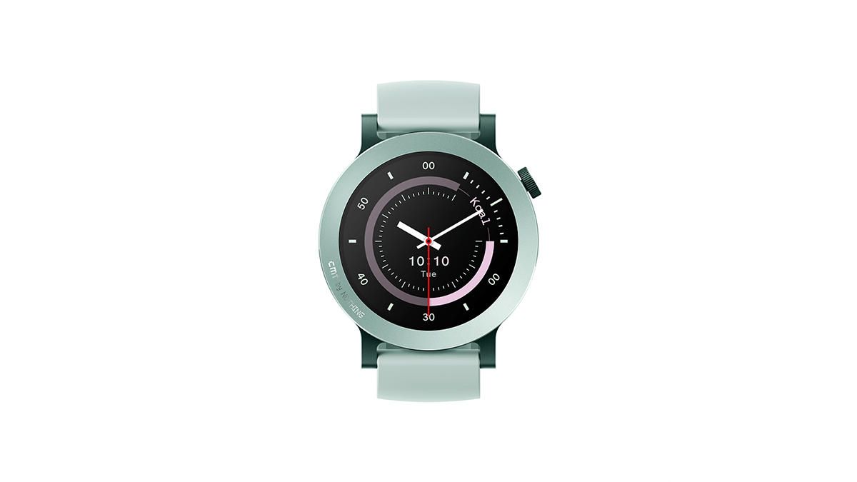 A sleek, modern smartwatch with a green strap and black circular face. The analog and digital display shows the time as 10:10 and the date as Tuesday.
