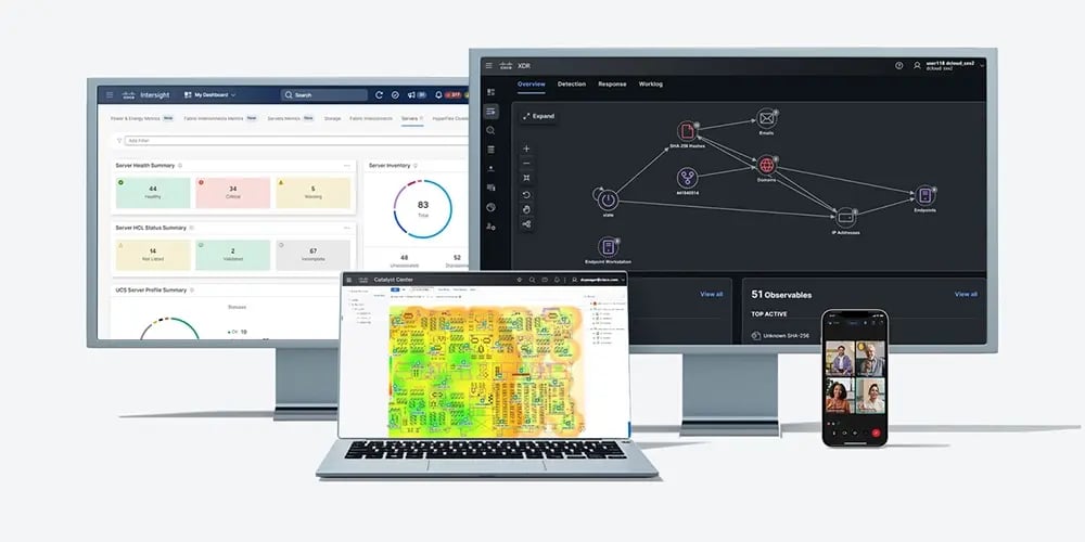 Multiple screens displaying analytics, network mapping, and collaboration tools.