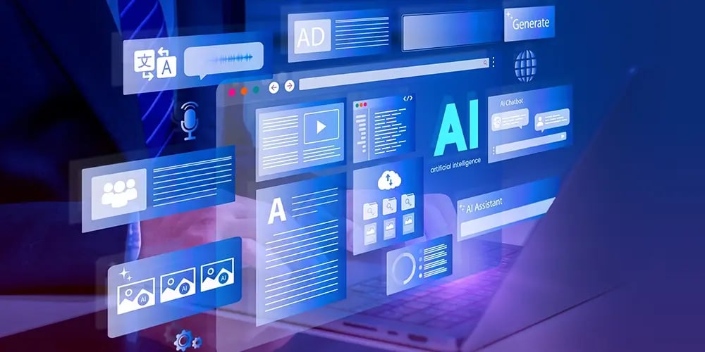 Digital interface displaying multiple software elements including AI tools, translation, media, and assistant features on a laptop screen.