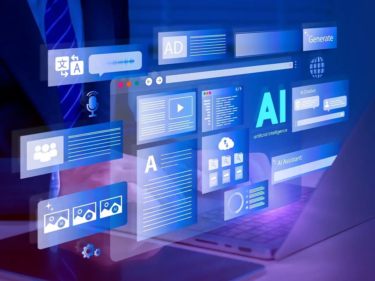 Digital interface displaying multiple software elements including AI tools, translation, media, and assistant features on a laptop screen.