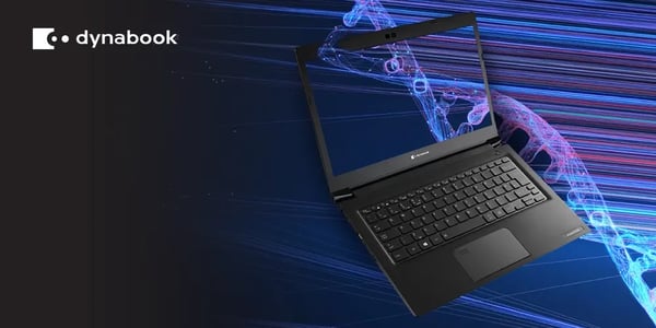 Open Dynabook laptop with a futuristic DNA strand graphic in the background.