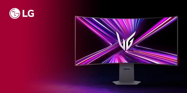 Ultra-wide curved LG gaming monitor displaying vivid neon graphics.