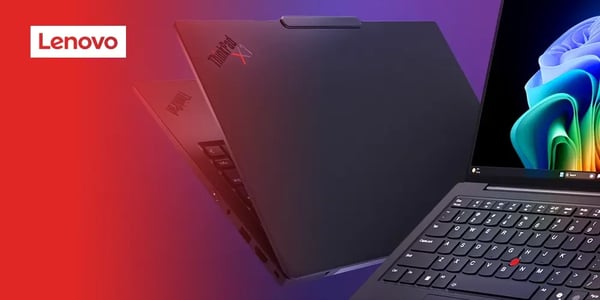 Two Lenovo ThinkPad laptops, one open and one closed, against a gradient background.