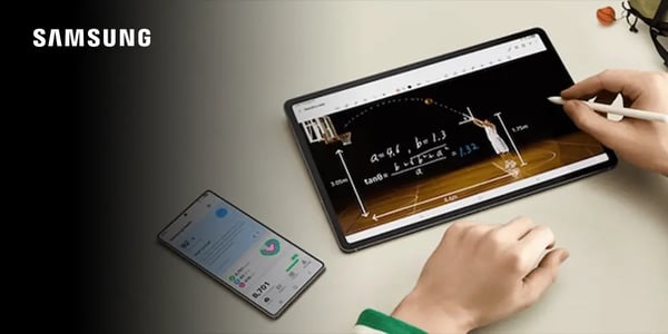 A tablet displaying a math equation with a basketball shot diagram, alongside a smartphone showing health data.