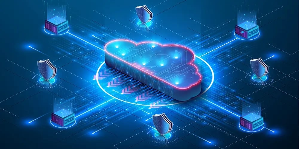 Digital illustration of a glowing cloud connected to secure network nodes.
