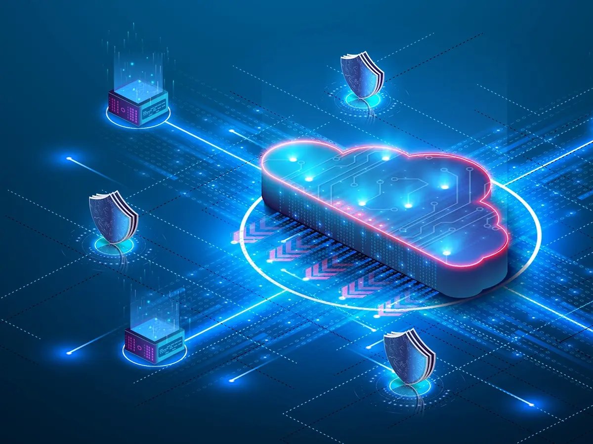 Digital illustration of a glowing cloud connected to secure network nodes.