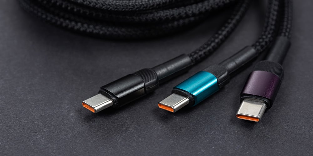 Three braided USB‑C charging cables with different coloured ends.