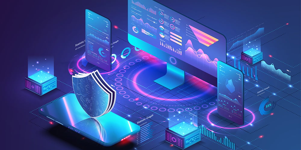Digital illustration of computer screens, shield, and data visualization for cybersecurity.