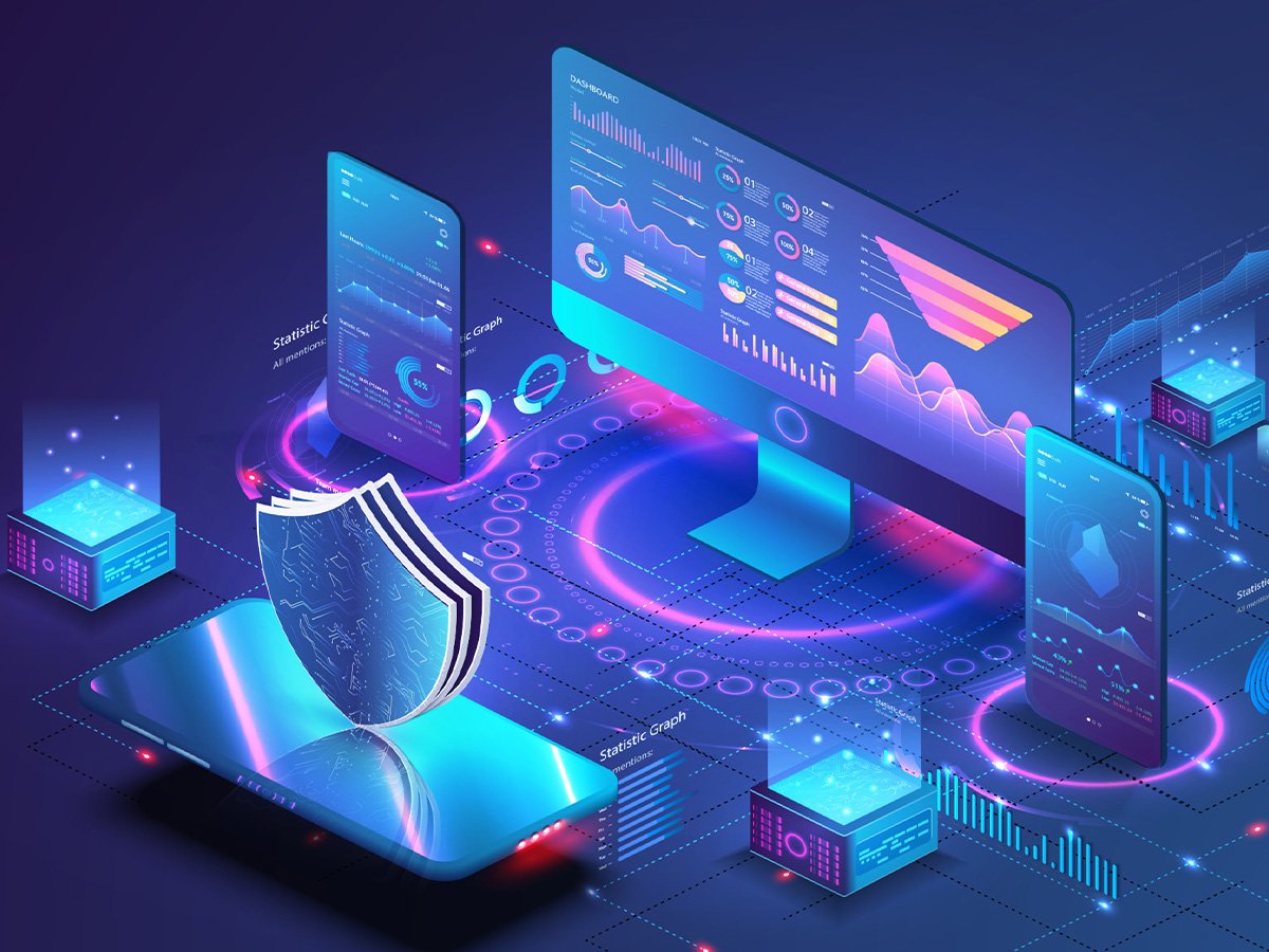 Digital illustration of computer screens, shield, and data visualization for cybersecurity.