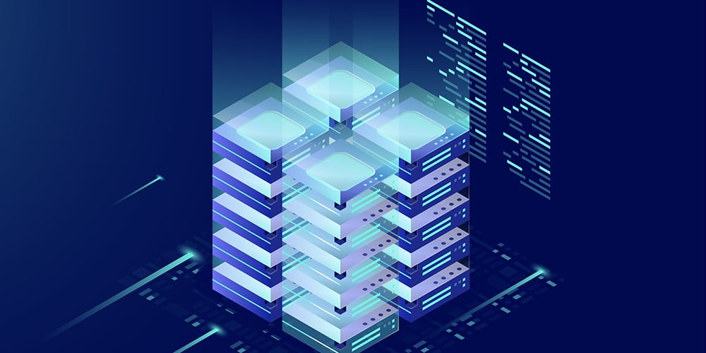 Futuristic stack of servers with glowing elements representing data processing.