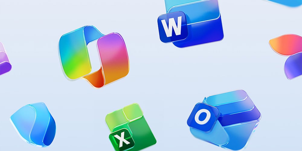 Colorful icons of Microsoft Office apps including Word, Excel, PowerPoint, and Outlook.