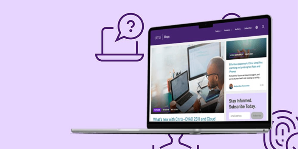 Open laptop displaying a Citrix blog page with tech icons in the background.