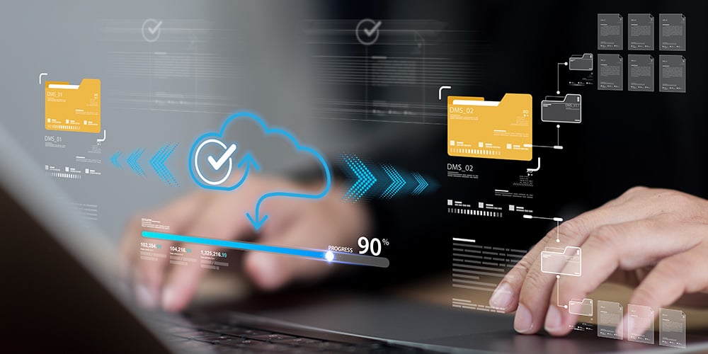 Cloud icon with progress indicator and file cards overlaying a laptop, showing cloud data transfer.
