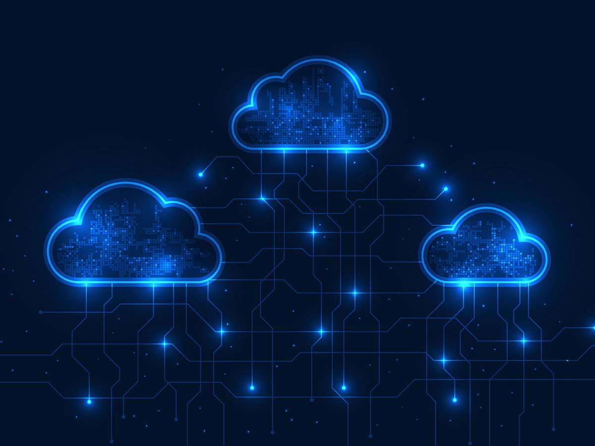 Three glowing cloud icons linked by digital lines against a dark background, representing a cloud network.