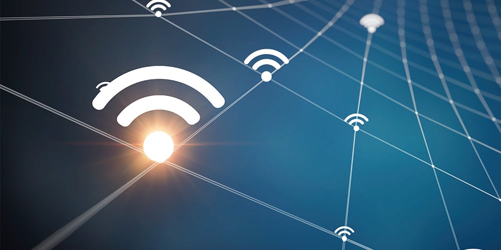 Abstract network diagram with connected Wi‑Fi symbols and grid lines