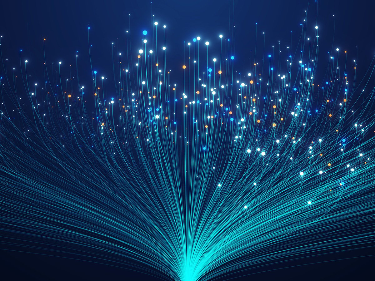 Glowing fibre‑optic style lines and light dots spreading outward.