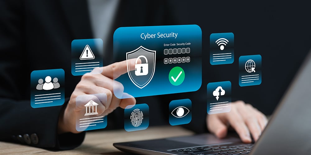 Person interacting with a digital cyber security interface showing a lock, verification icons and data panels.