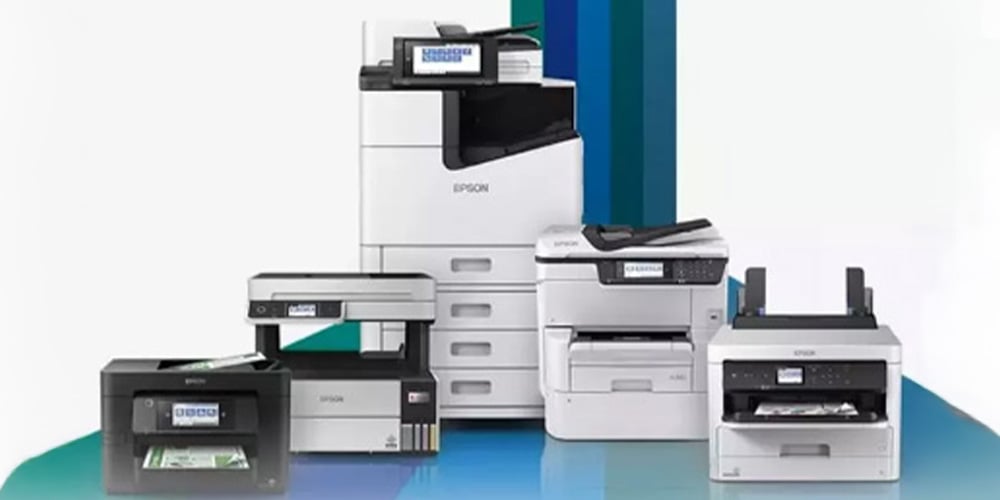 Group of Epson printers in various sizes arranged together.