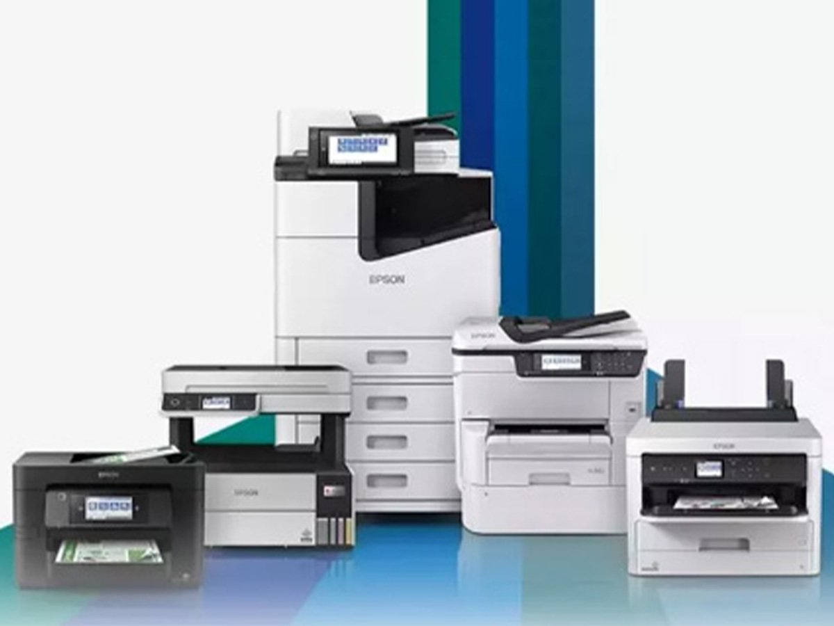 Group of Epson printers in various sizes arranged together.
