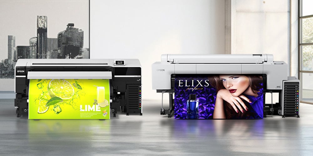 Large Epson printer printing a vibrant perfume advertisement banner.