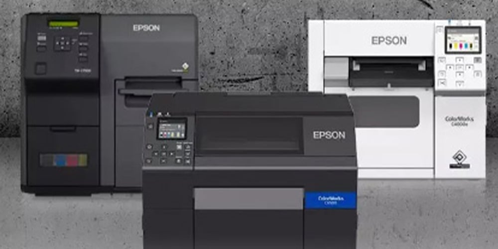 Three Epson ColorWorks label printers in black and white on a gray background.