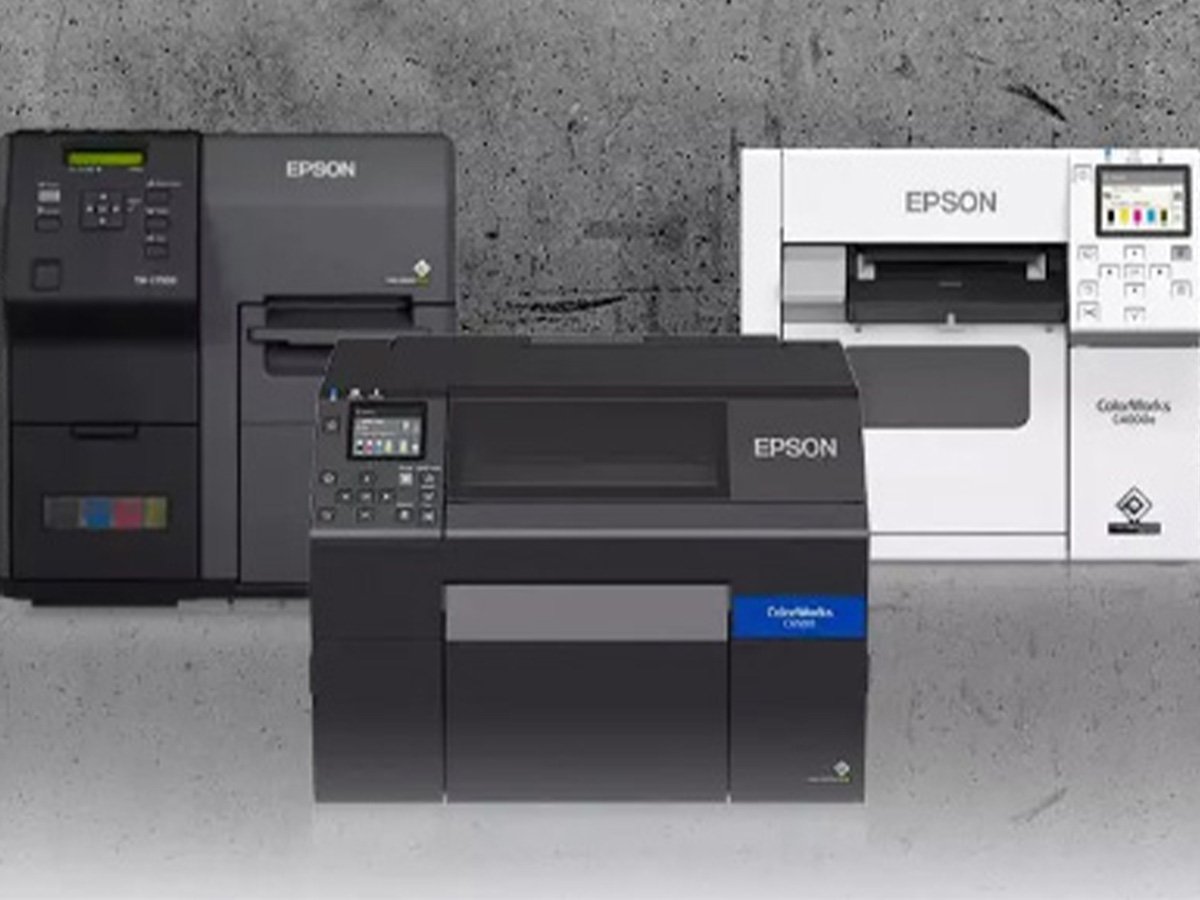 Three Epson ColorWorks label printers in black and white on a gray background.