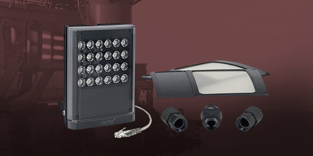 Security lighting equipment and connectors displayed on a dark background.