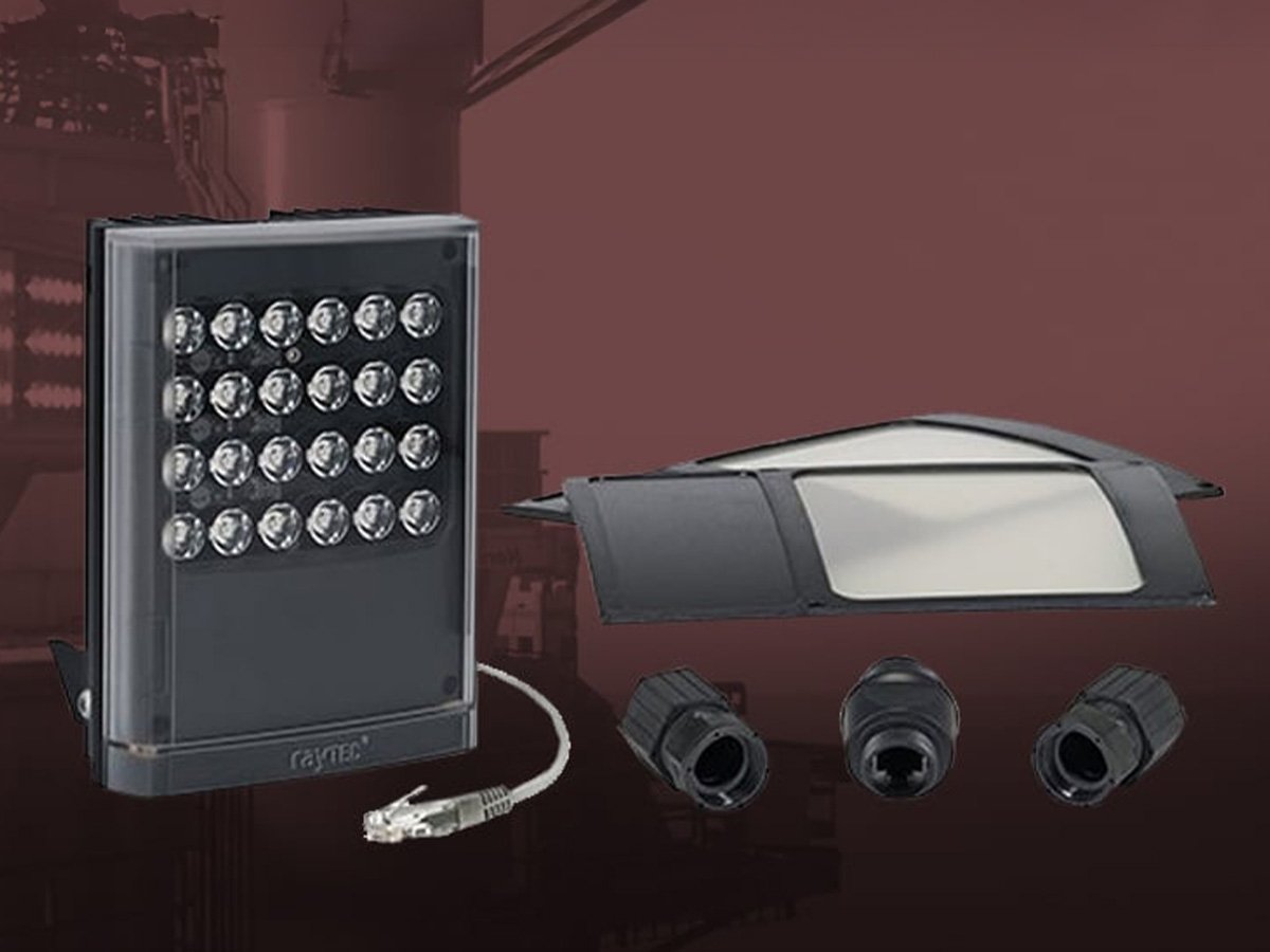 Security lighting equipment and connectors displayed on a dark background.