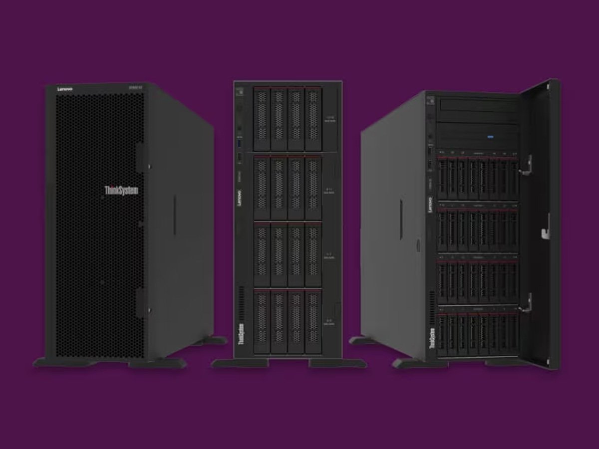 Three Lenovo ThinkSystem servers displayed against a purple background.