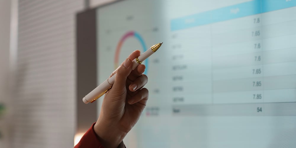Person pointing at a large display showing charts and data in a presentation setting.