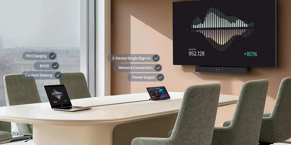 Modern meeting room with a large screen and laptops on the table.