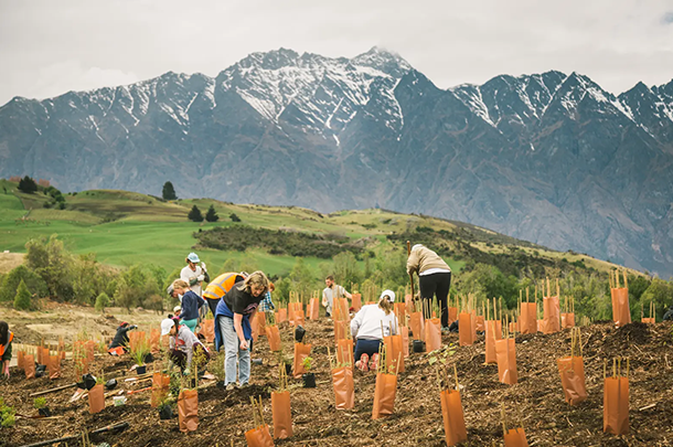 People farming and planting trees with a mountain backdrop